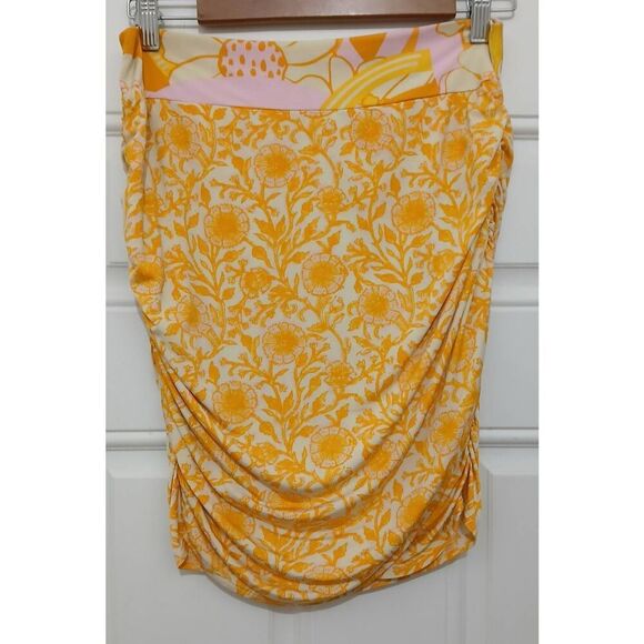 Free People womens medium ruched smocked mini skirt yellow pink - Picture 1 of 7